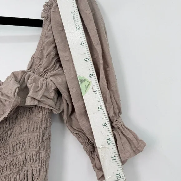 Smocked Swiss Dot Taupe Midi Dress Women M Boho Indie Festival Cottagecore - Picture 6 of 9